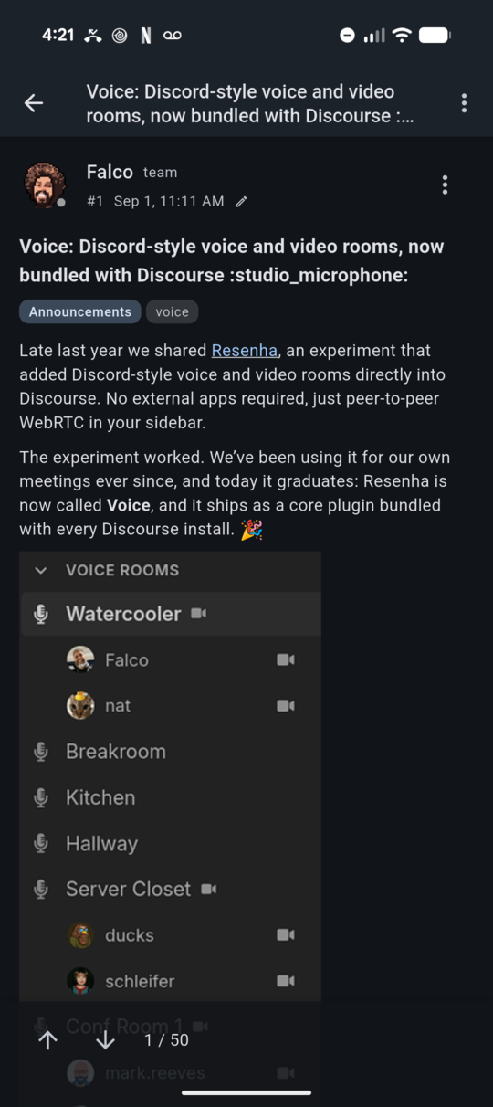 A thread with posts, reactions and reply controls
